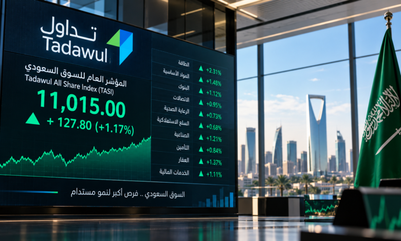 تصميم تحريري يعبر عن أداء السوق السعودية ومؤشر تداول العام